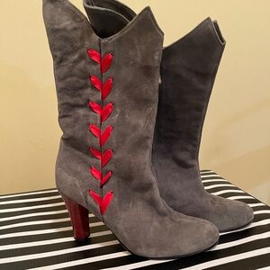 NWOT Italian Suede Boots with Red Ribbon Detail